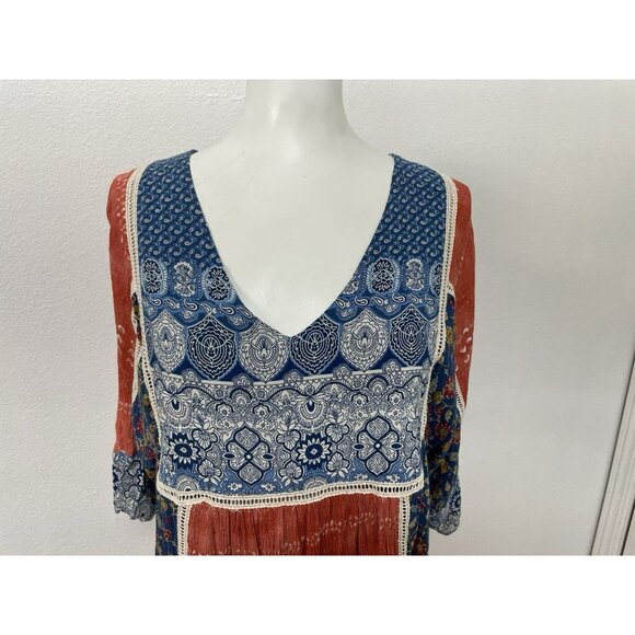 Sundance Dress Womens LG Blue Floral Embroidered Talulah Boho Peasant Tiered - Picture 2 of 16